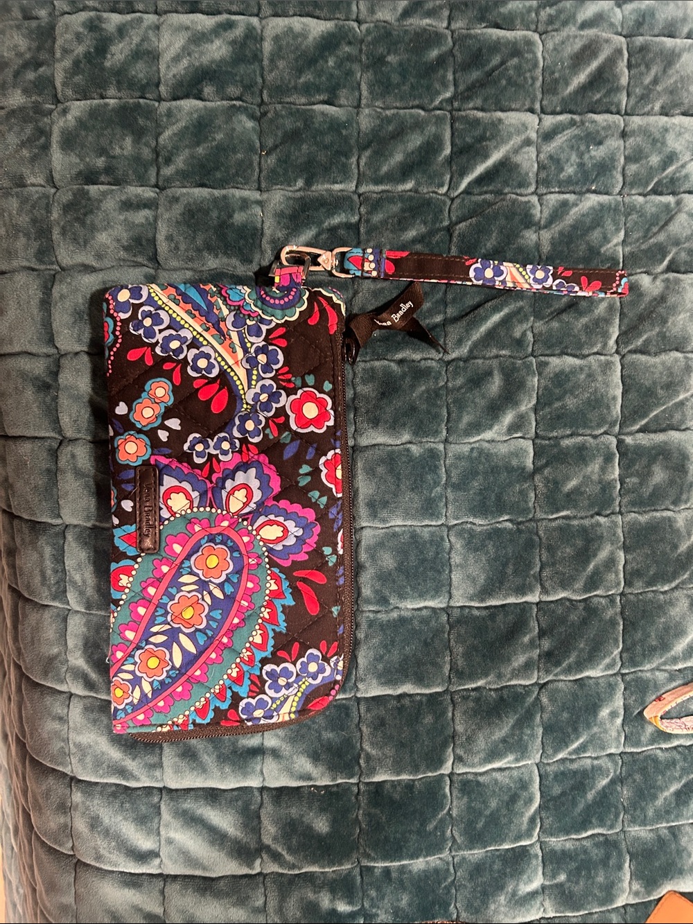 Vera Bradley Black Floral Paisley Wristlet with Pink Blue Purple Accents - Picture 1 of 3